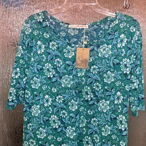 Peruvian Connection Floriana Teal Dressy Tee Large